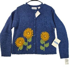 Vintage 90s Sunflower Cardigan Blue Medium Chunky Grannycore Wool New Deadstock
